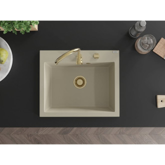 Jednodřezový žulový dřez Mexen Elix 600 x 500 mm, béžová, zlatý sifon - 6525601005-69-G