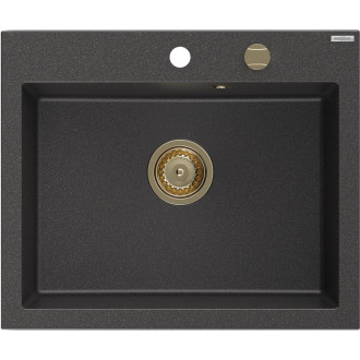 Jednodřezový žulový dřez Mexen Elix 600 x 500 mm, černá tečka, zlatý sifon - 6525601005-76-G