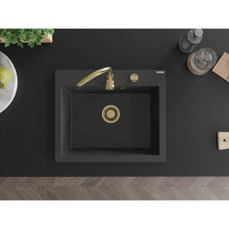 Jednodřezový žulový dřez Mexen Elix 600 x 500 mm, černá tečka, zlatý sifon - 6525601005-76-G