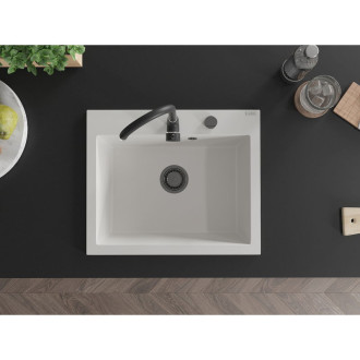 Jednodřezový žulový dřez Mexen Elix 600 x 500 mm, bílý, černý sifon - 6525601005-20-B