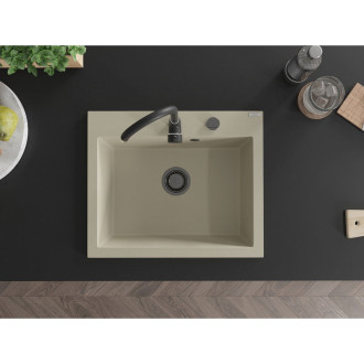 Jednodřezový žulový dřez Mexen Elix 600 x 500 mm, béžový, černý sifon - 6525601005-69-B