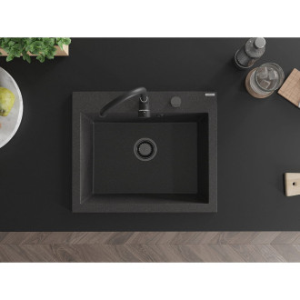 Jednodřezový žulový dřez Mexen Elix 600 x 500 mm, tečkovaná černá, černý sifon - 6525601005-76-B