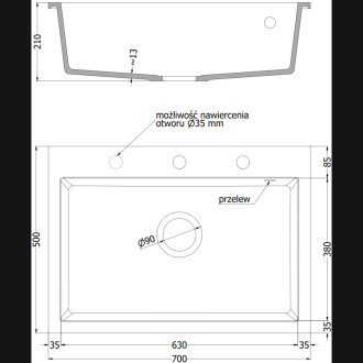 Jednodřezový žulový dřez Mexen Elix 700 x 500 mm, černý, chromovaný sifon - 6526701005-77