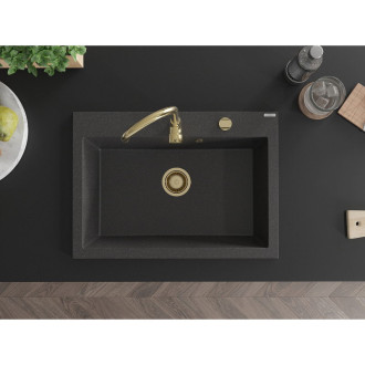 Jednodřezový žulový dřez Mexen Elix 700 x 500 mm, černá tečka, zlatý sifon - 6526701005-76-G