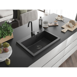 Jednodřezový žulový dřez Mexen Elix 700 x 500 mm, tečkovaná černá, černý sifon - 6526701005-76-B