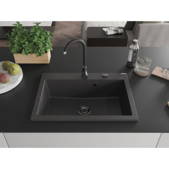 Jednodřezový žulový dřez Mexen Elix 700 x 500 mm, tečkovaná černá, černý sifon - 6526701005-76-B