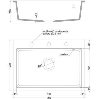 Jednodřezový žulový dřez Mexen Elix 700 x 500 mm, tečkovaná černá, černý sifon - 6526701005-76-B