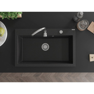 Jednodřezový žulový dřez Mexen Elix 800 x 500 mm, černá/stříbrná metalíza, chromovaný sifon - 6527801005-73