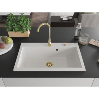 Jednodřezový žulový dřez Mexen Elix 800 x 500 mm, bílý, zlatý sifon - 6527801005-20-G