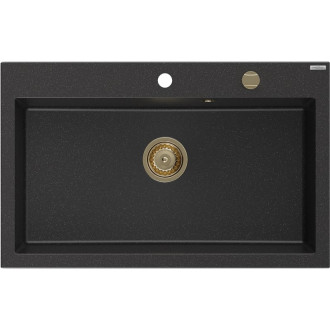 Jednodřezový žulový dřez Mexen Elix 800 x 500 mm, černá/stříbrná metalíza, zlatý sifon - 6527801005-73-G