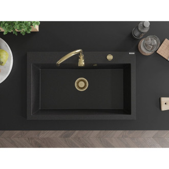 Jednodřezový žulový dřez Mexen Elix 800 x 500 mm, černá/stříbrná metalíza, zlatý sifon - 6527801005-73-G