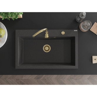 Jednodřezový žulový dřez Mexen Elix 800 x 500 mm, černá tečka, zlatý sifon - 6527801005-76-G