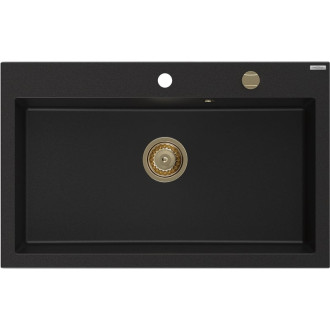 Jednodřezový žulový dřez Mexen Elix 800 x 500 mm, černý, zlatý sifon - 6527801005-77-G