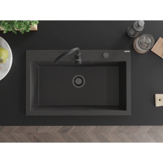 Jednodřezový žulový dřez Mexen Elix 800 x 500 mm, tečkovaná černá, černý sifon - 6527801005-76-B