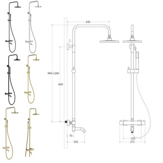 Nástěnný termostatický sprchový a vanový set VEO zlatá lesklá