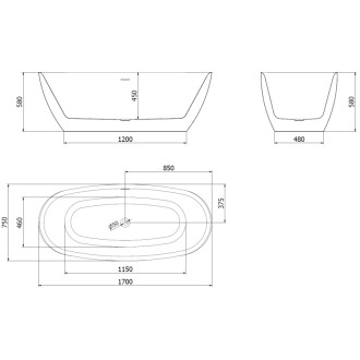 Volně stojící vana Mexen Luvo Slim 170 x 75 cm, bílá/černá, bílý přepad - 52801707575-20