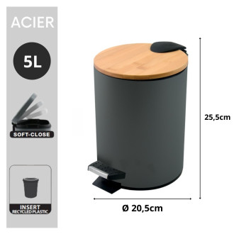 Spirella pedálový odpadkový koš ADONIS tmavě šedá ocel bambusové víko 5 L 10.00004