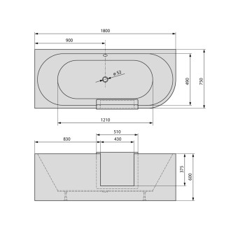 PORTAS L asymetrická vana s dvířky, 180x75x60cm, bílá