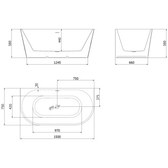 Volně stojící závěsná vana Mexen Oris s drážkovaným povrchem 150 x 75 cm, bílá/černá, kartáčovaný přepad v barvě pistole gray - 52871507575-66