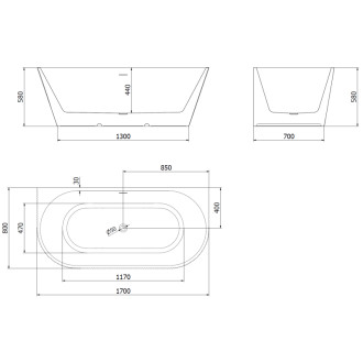 Volně stojící závěsná vana Mexen Oris s drážkovaným uzávěrem 170 x 80 cm, bílá/černá, přepad z kartáčované mědi - 52871708075-65