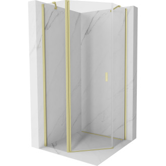 Sprchový kout Mexen Mist s pětiúhelníkovým výklopným mechanismem 90 x 90 cm, průhledný, kartáčované zlato - 8A8-090-090-55-00