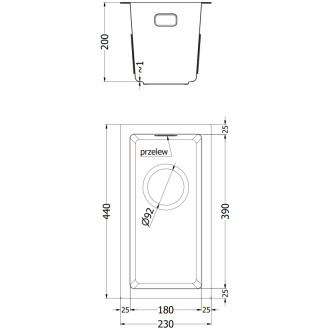 Jednodřezový ocelový dřez Mexen Trixo 230 x 440 mm, nerezová ocel - 6411221000-01