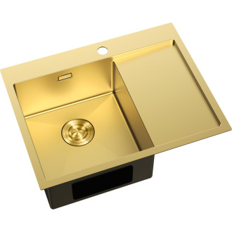 Jednodřezový ocelový dřez Mexen Exar s odkapávačem, levý, 620 x 480 mm, zlatý - 6431621005L-55