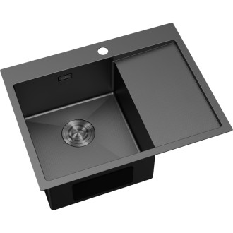 Jednodřezový ocelový dřez Mexen Exar s odkapávačem, levý, 620 x 480 mm, černý HC - 6431621005L-70HC