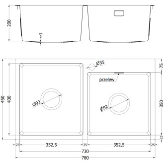 Mexen Xorin dvoudřezový ocelový dřez 780 x 450 mm, měď - 6441782000-65