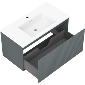 Koupelnová skříňka Mexen Rivel 90 cm s umyvadlem Otis, 1 zásuvka, drážkovaná, grafit matný/bílá matná - 91A20-09047-1-BF66-W18M01