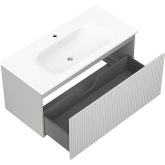 Koupelnová skříňka Mexen Rivel 100 cm s umyvadlem Vela, 1 zásuvka, drážkovaná, matně šedá/matně bílá - 91A20-10047-1-BF62-W23M01