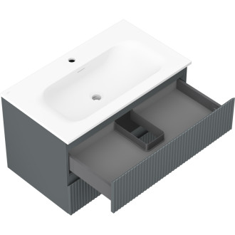 Koupelnová skříňka Mexen Rivel 80 cm s umyvadlem Vela, 2 zásuvky, drážkovaná, grafit matný/bílá matná - 91A20-08047-2-BFF66-W23M0