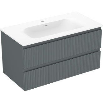 Koupelnová skříňka Mexen Rivel 90 cm s umyvadlem Vela, 2 zásuvky, drážkovaná, grafit matný/bílá matná - 91A20-09047-2-BFF66-W23M0