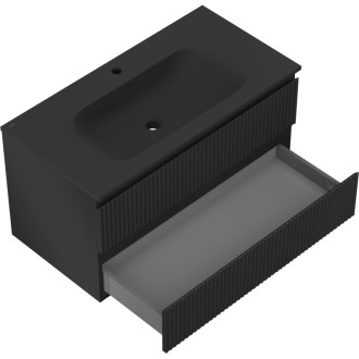 Koupelnová skříňka Mexen Rivel 90 cm s umyvadlem Vela, 2 zásuvky, drážkovaná, matná černá - 91A20-09047-2-BFF71-W23M71