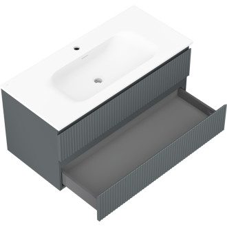 Koupelnová skříňka Mexen Rivel 100 cm s umyvadlem Vela, 2 zásuvky, drážkovaná, grafit matný/bílá matná - 91A20-10047-2-BFF66-W23M0