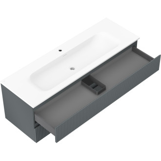 Koupelnová skříňka Mexen Rivel 140 cm s umyvadlem Vela, 2 zásuvky, drážkovaná, grafit matný/bílá matná - 91A20-14047-2-BFF66-W23M