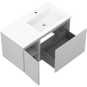 Koupelnová skříňka Mexen Rivel 90 cm s umyvadlem Otis pravé, 1S, 1D, drážkovaná, matná šedá/matná bílá - 91A23-09047-3-BBFF62-W18P01
