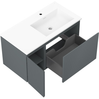 Koupelnová skříňka Mexen Rivel 90 cm s umyvadlem Otis pravé, 1S, 1D, drážkovaná, grafit matný/bílá matná - 91A23-09047-3-BBFF66-W18P01