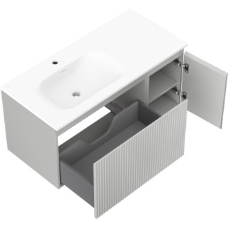 Mexen Rivel koupelnová skříňka 100 cm s umyvadlem Vela vlevo, 1S, 1D, drážkovaná, matná šedá/matná bílá - 91A23-10047-3-BBFF62-W23L01