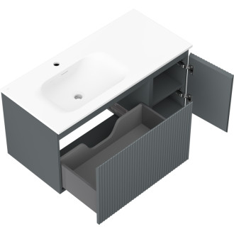 Koupelnová skříňka Mexen Rivel 100 cm s levým umyvadlem Vela, 1S, 1D, drážkovaná, grafit matný/bílá matná - 91A23-10047-3-BBFF66-W23L01
