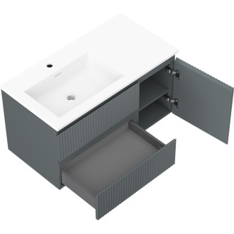 Koupelnová skříňka Mexen Rivel 90 cm s umyvadlem Otis levým, 2S, 1D, drážkovaná, grafit matný/bílá matná - 91A23-09047-3-BBFFF66-W18L01