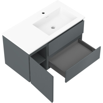 Koupelnová skříňka Mexen Rivel 90 cm s umyvadlem Otis pravým, 2S, 1D, drážkovaná, grafit/matná bílá - 91A23-09047-3-BBFFF66-W18P01