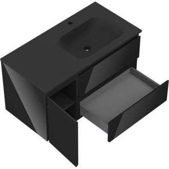 Mexen Orio szafka łazienkowa 90 cm z umywalką Vela prawą, 2S, 1D, czarna połysk/czarna mat - 91A13-09047-3-BBFFF70-W23P71