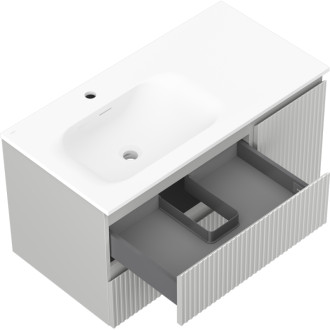 Mexen Rivel koupelnová skříňka 90 cm s umyvadlem Vela levým, 2S, 1D, drážkovaná, matná šedá/matná bílá - 91A23-09047-3-BBFFF62-W23L01