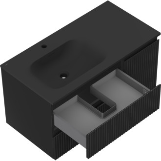Mexen Rivel szafka łazienkowa 90 cm z umywalką Vela lewą, 2S, 1D, ryflowana, czarna mat - 91A23-09047-3-BBFFF71-W23L71