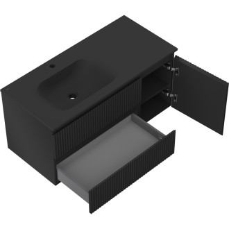 Mexen Rivel szafka łazienkowa 100 cm z umywalką Vela lewą, 2S, 1D, ryflowana, czarna mat - 91A23-10047-3-BBFFF71-W23L71