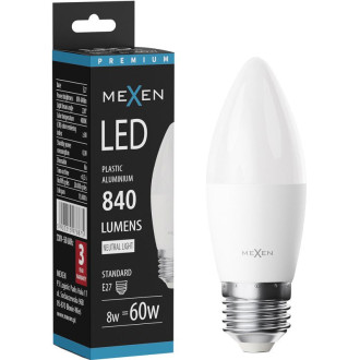 LED žárovka Mexen Nova E27, C37, 8W, teplá - 3000K, 840 lm -L102-E27-0830-01