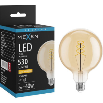 LED žárovka Mexen Vintis se spirálovým vláknem E27, G125, 6W, teplá - 2200K, 530 lm, jantarová - L168-E27-0622-50