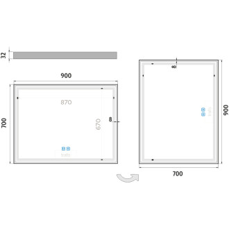 Bílé LED zrcadlo 900x700 se dvěma dotykovými senzory