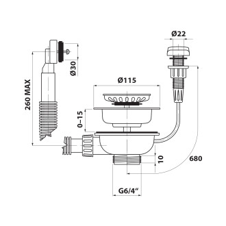 Dřezová výpust 6/4", s přepadem a ovládáním, nerez
